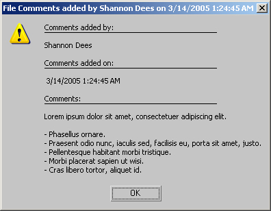 Resulting QuickTools Add Notes Message Box